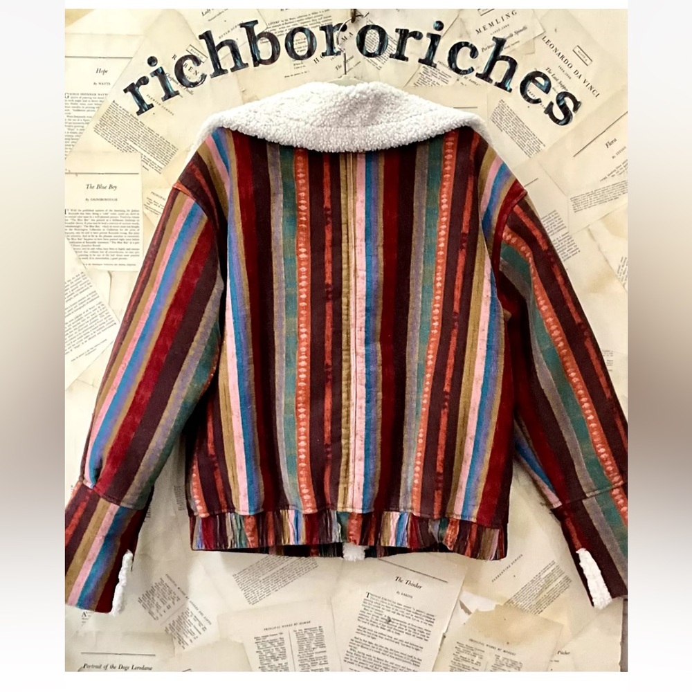 Free People We The Free Corrigan Cozy Cord Jacket Rainbow Stripe Faux Sherpa - Picture 6 of 7